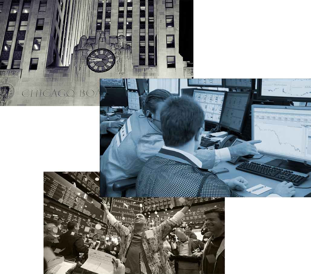 Chicago Board of Trade floor and image of traders